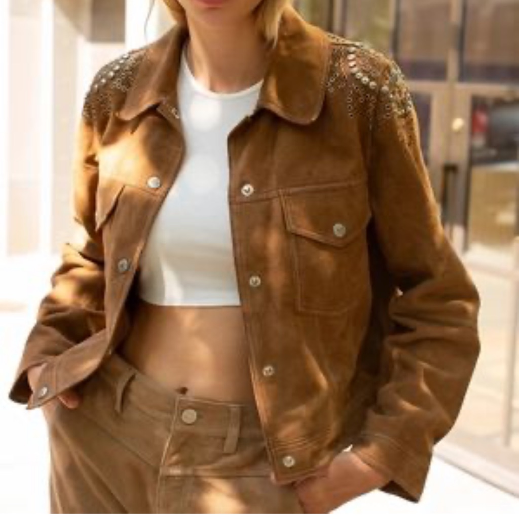 Free People Tan Suede Embellished Jaya Boxy Chore Jacket Brown Sz S